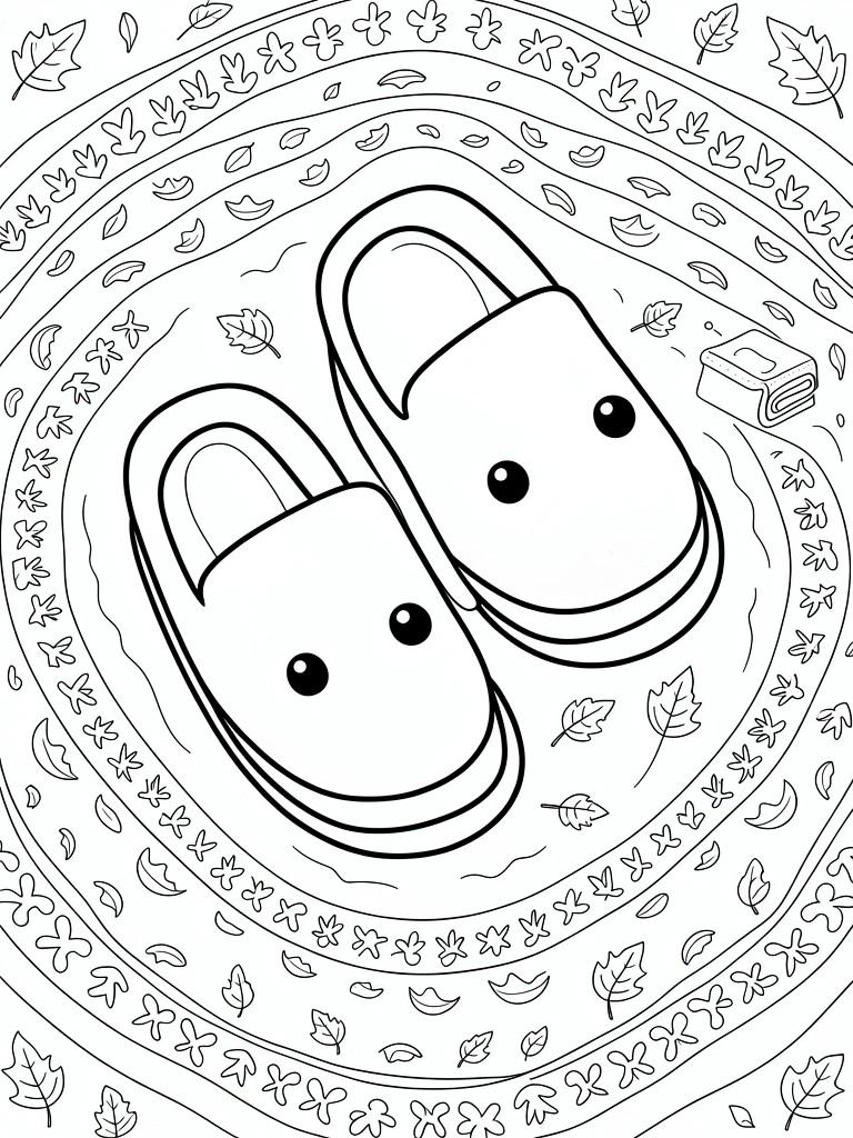 Line drawing of two slippers with eyes centered in a circular pattern of autumn leaves and a small book nearby.