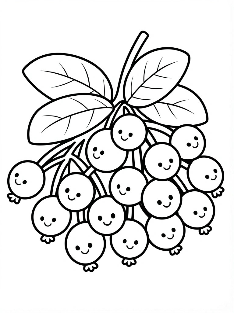 Line art of a bunch of round berries with happy faces on a stem, accented by leaves.