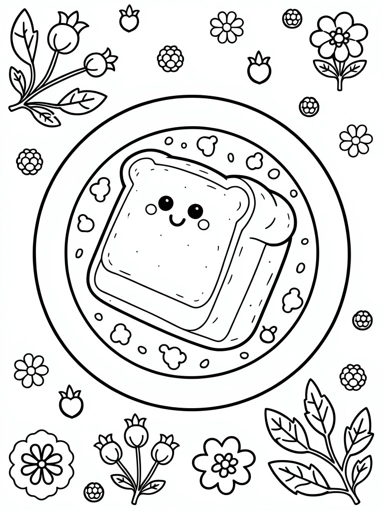 Line art of a cute smiling toast slice on a plate with surrounding berries, flowers, and leaves.