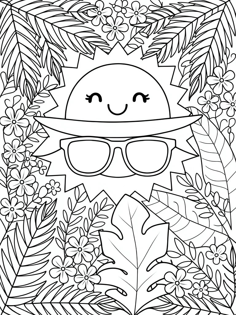 Black line art coloring page of a smiling cartoon sun wearing a hat and sunglasses, framed by tropical leaves and flowers.