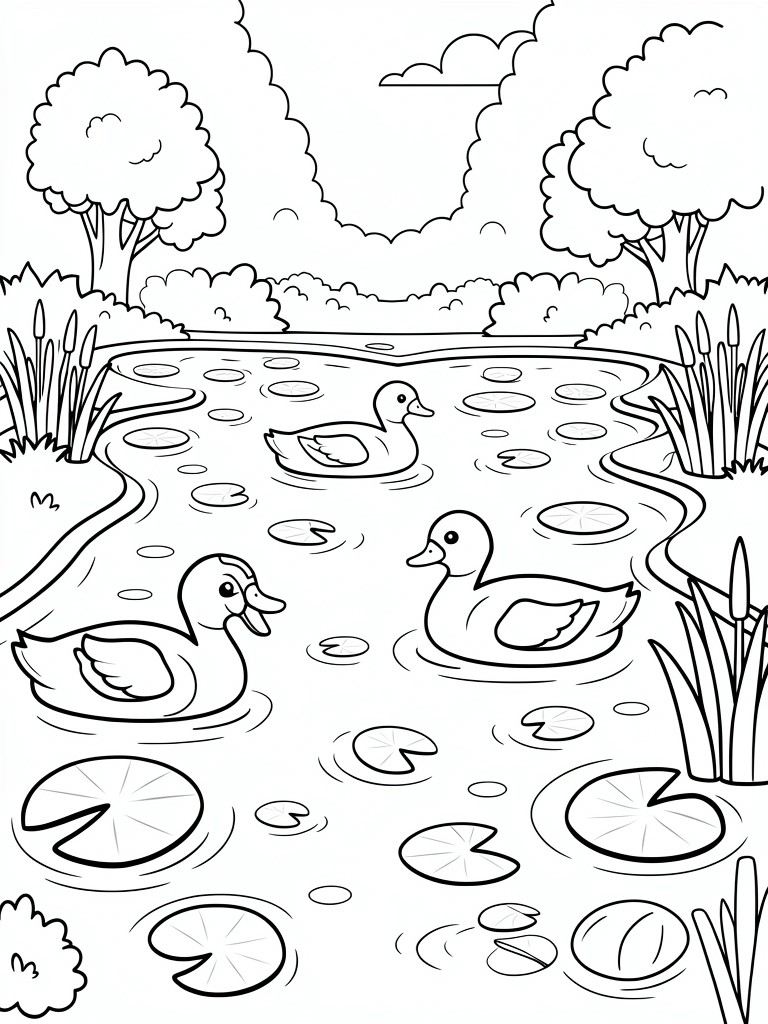 Black and white line drawing of multiple ducks swimming in a pond surrounded by lily pads, reeds, trees, bushes, and clouds.