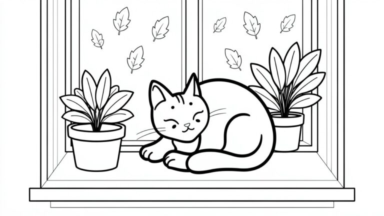 Line art of a smiling cat lounging on a windowsill between potted plants, with falling leaves outside the window.