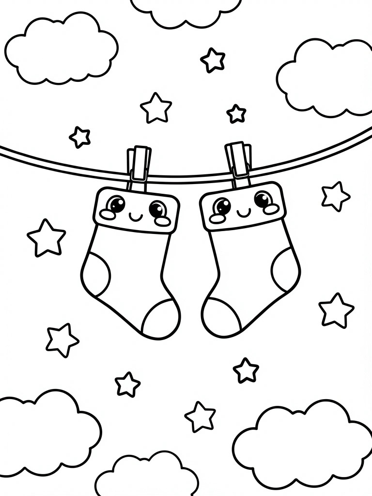 Line art of two smiling Christmas stockings hanging from a clothesline with clouds and stars in the background.