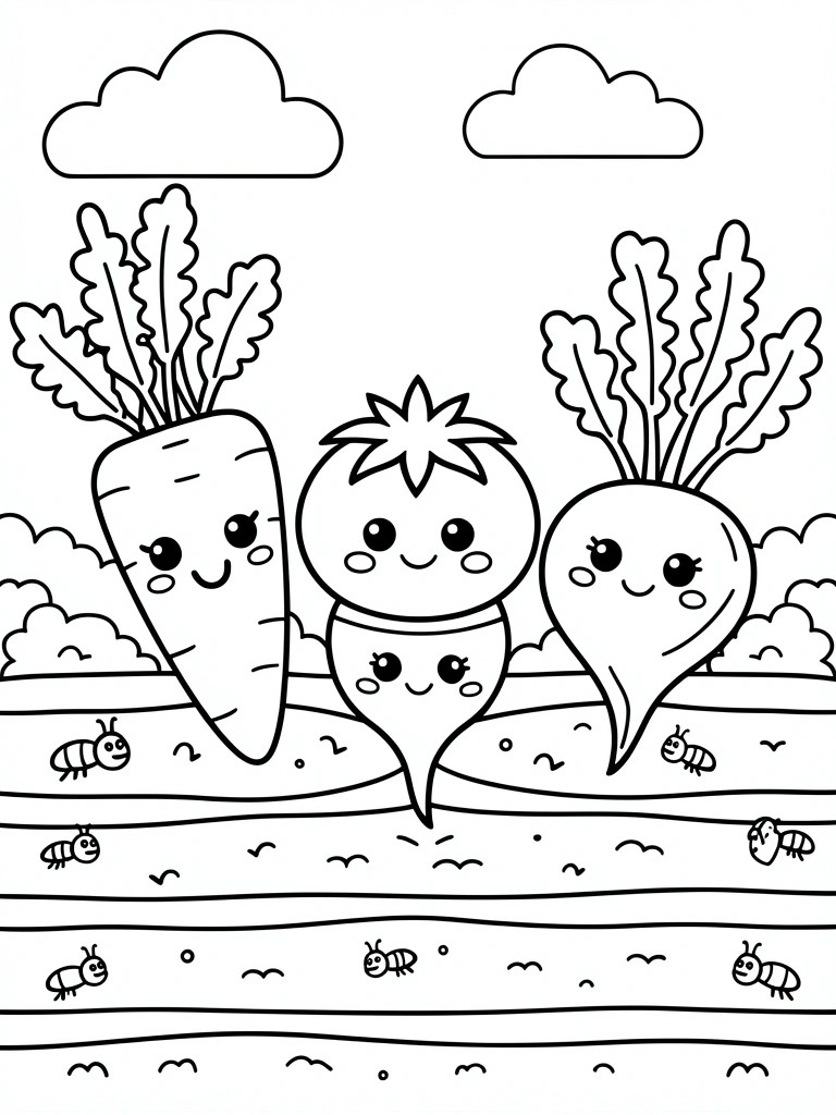 Line drawing of cute smiling carrot, tomato, and radish with big eyes, leaves, clouds above, and bugs on wavy ground.