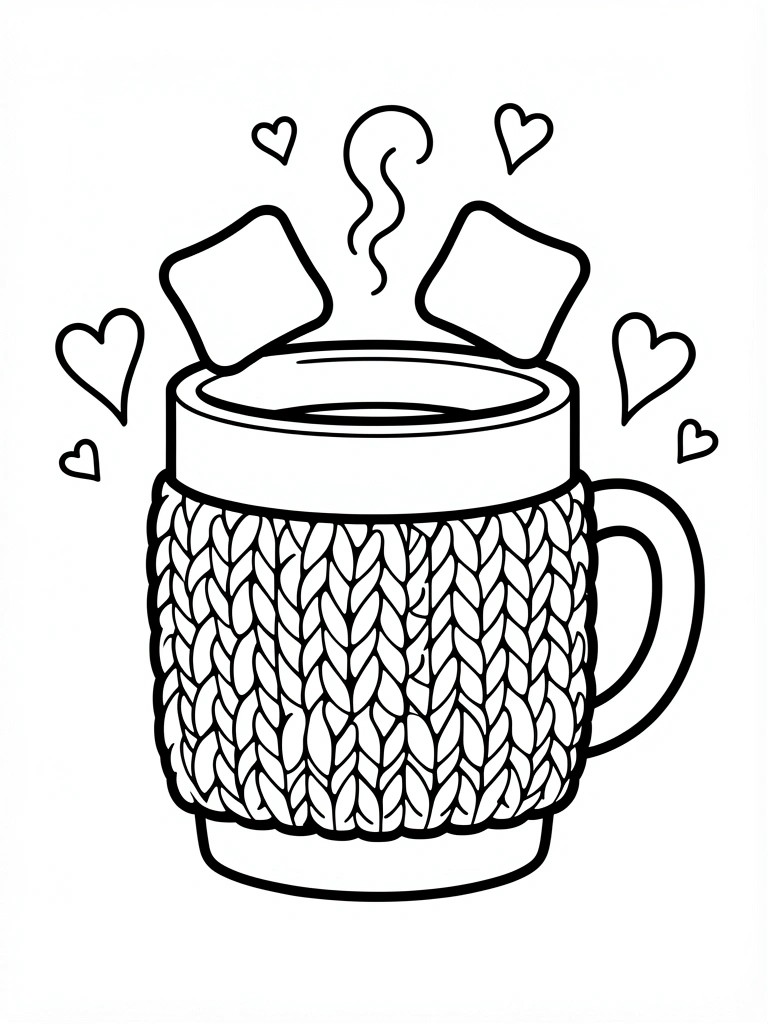 Line art of a mug with knit sweater texture holding marshmallows, steam, and surrounding hearts.