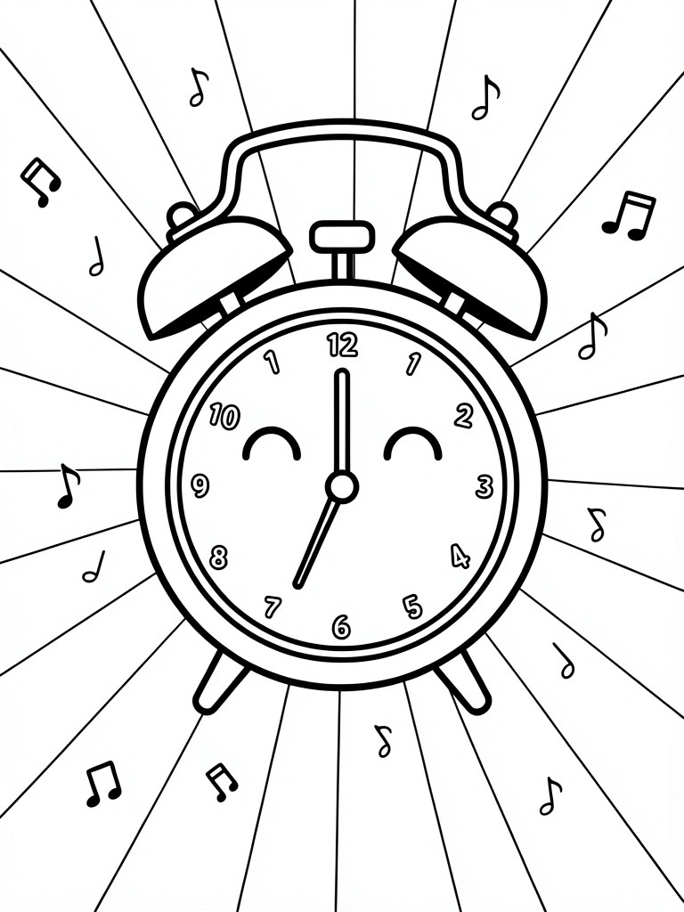 Black line drawing of a smiling alarm clock at 12:00 with bells and radiating musical notes.