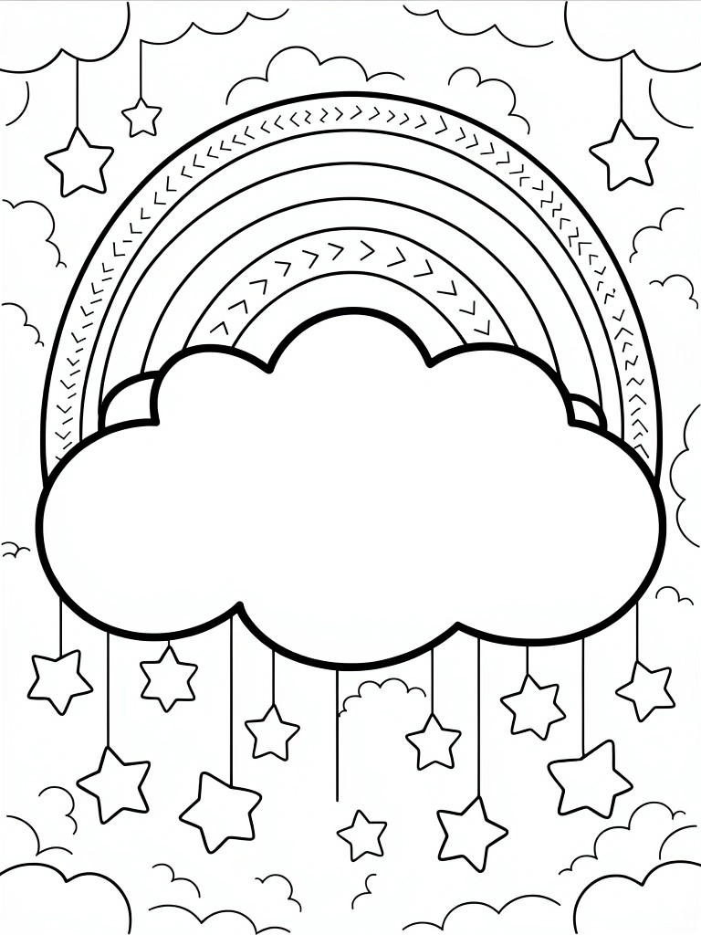 Coloring page outline of layered rainbows over a large central cloud with dangling stars and a background of clouds and stars.