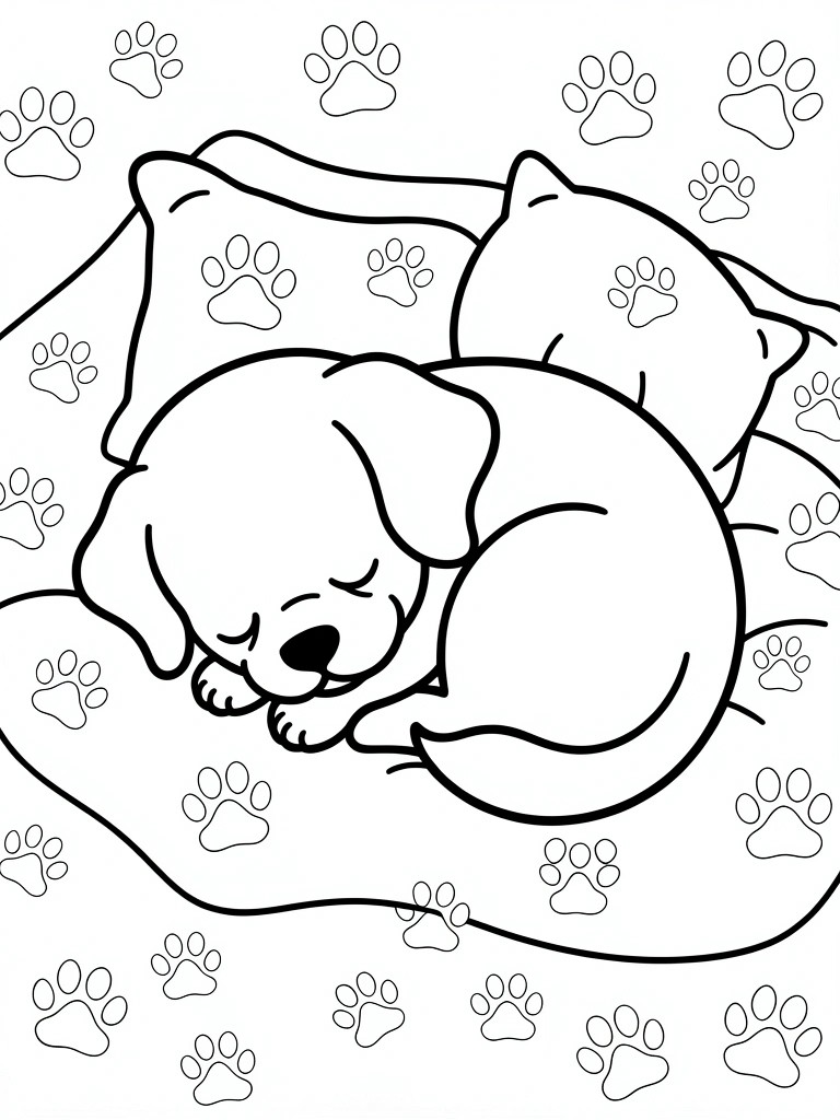 Line drawing of a puppy and kitten sleeping curled up on a bed with pillows and scattered paw prints.