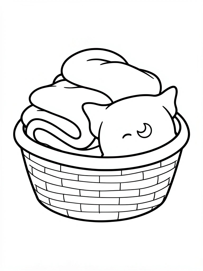 Line art of a sleeping cat nestled in a laundry basket filled with stacked towels and blankets.