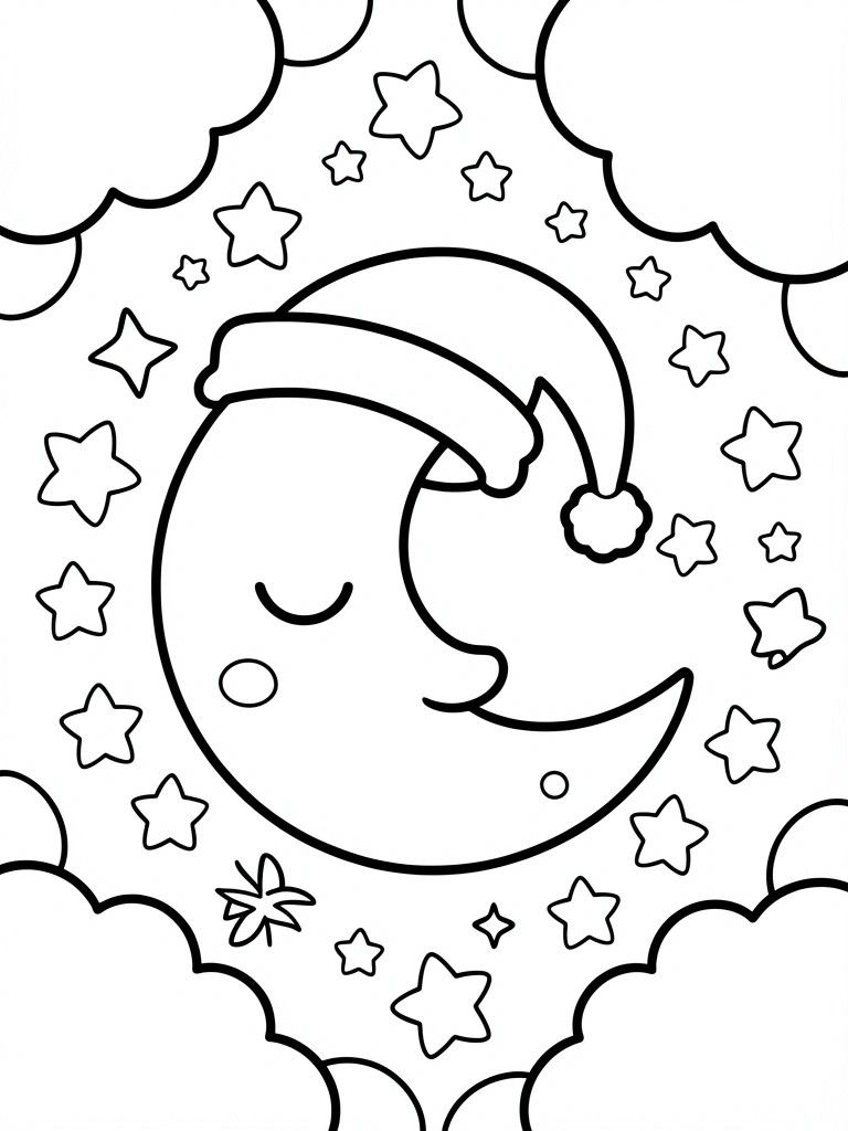 Line drawing of a crescent moon with sleepy eyes and mouth wearing a Santa hat, surrounded by stars and clouds.