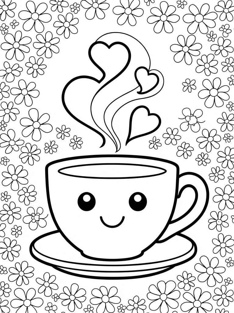Line art coloring page of a cute smiling mug on a saucer with heart-shaped steam rising and flowers bordering the design.