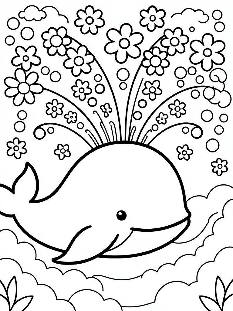 Line drawing of a smiling whale on clouds with flowers bursting from its head, surrounded by more flowers, bubbles, and scattered petals.