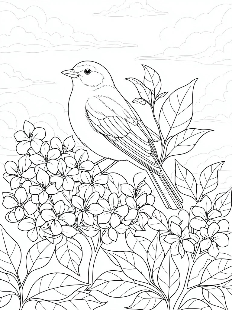 Line drawing of a bird perched on a branch with hydrangea flower clusters, leaves, and cloudy sky background.