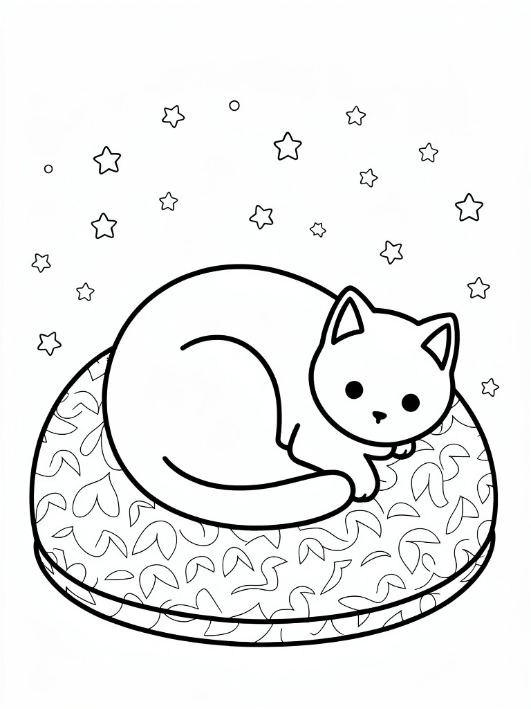 Line drawing of a white cat curled on a round bed with leaf patterns, surrounded by scattered stars.