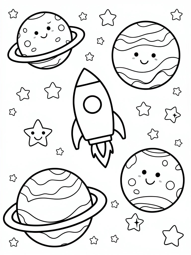 Black outline coloring page of cute smiling planets with rings, twinkling stars, and a central rocket ship in space.