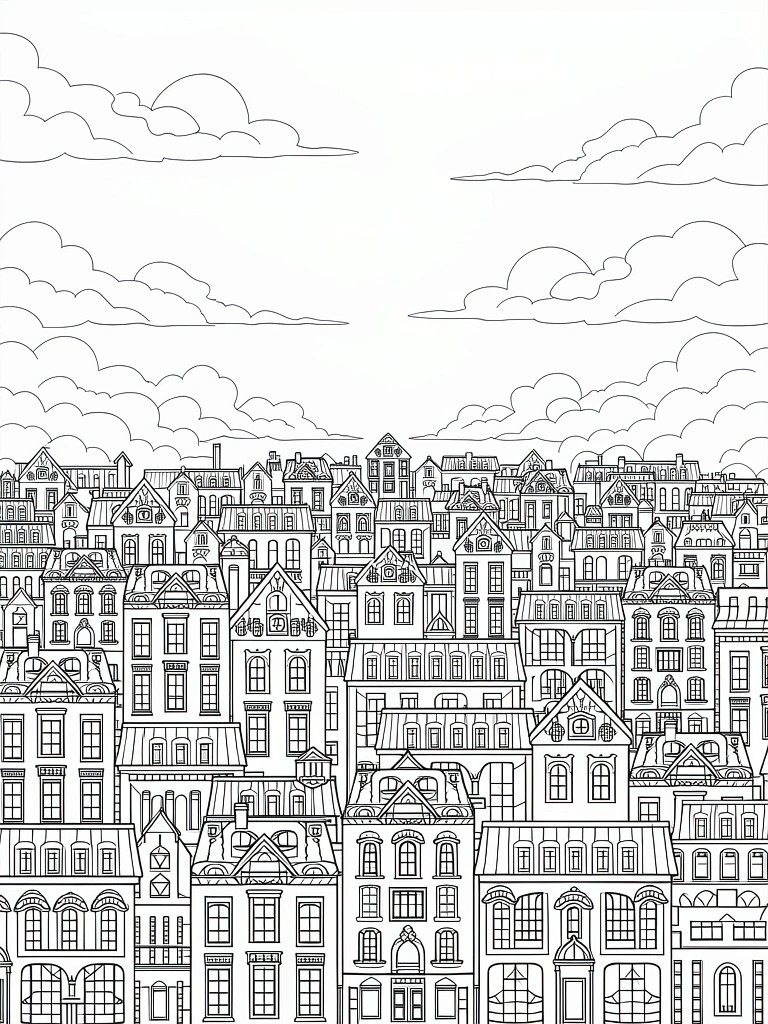 Black line drawing of tightly packed multi-story buildings rising to cloudy sky.