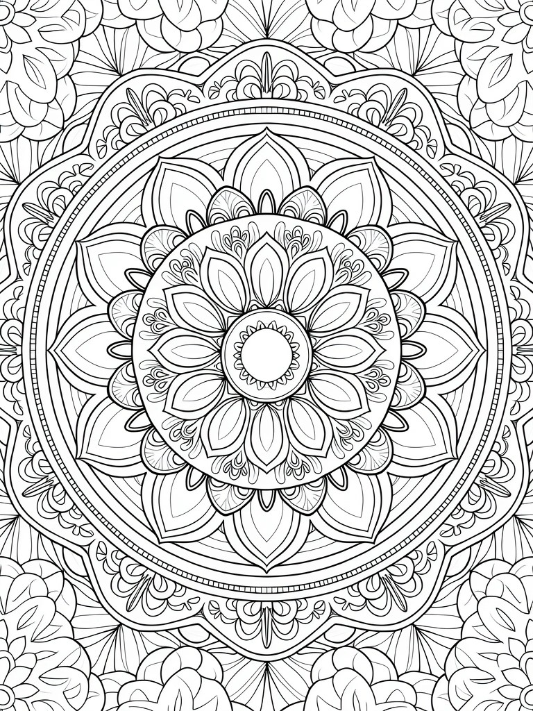 Black and white line art of a circular mandala with layered floral, leaf, and geometric patterns radiating from the center.
