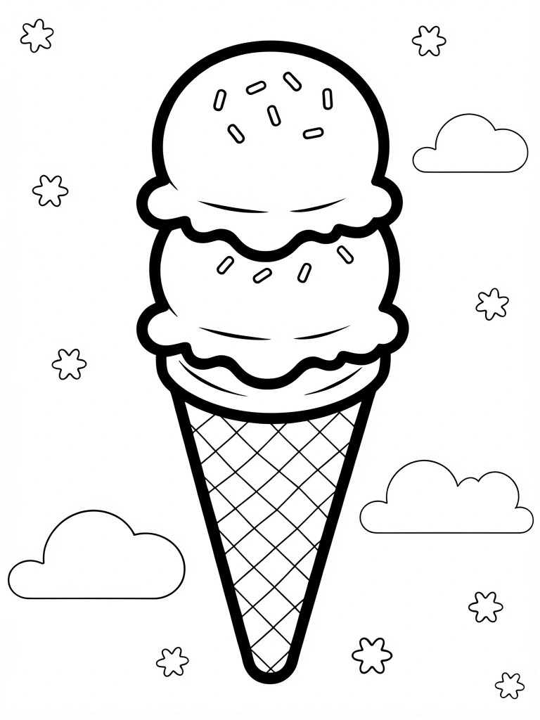 Black line drawing of a waffle cone with two ice cream scoops topped with sprinkles, surrounded by stars and clouds.