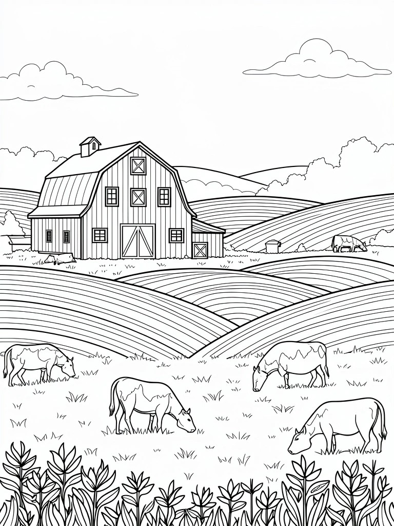 Line drawing of a barn on a farm with grazing cows, rolling plowed fields, hills, grass border, and sky with clouds.