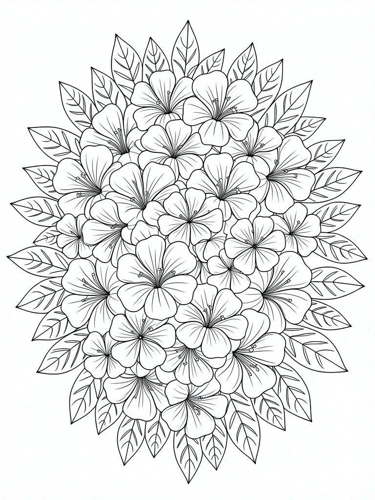 Line drawing of hibiscus flowers clustered in a circular wreath with surrounding leaves.