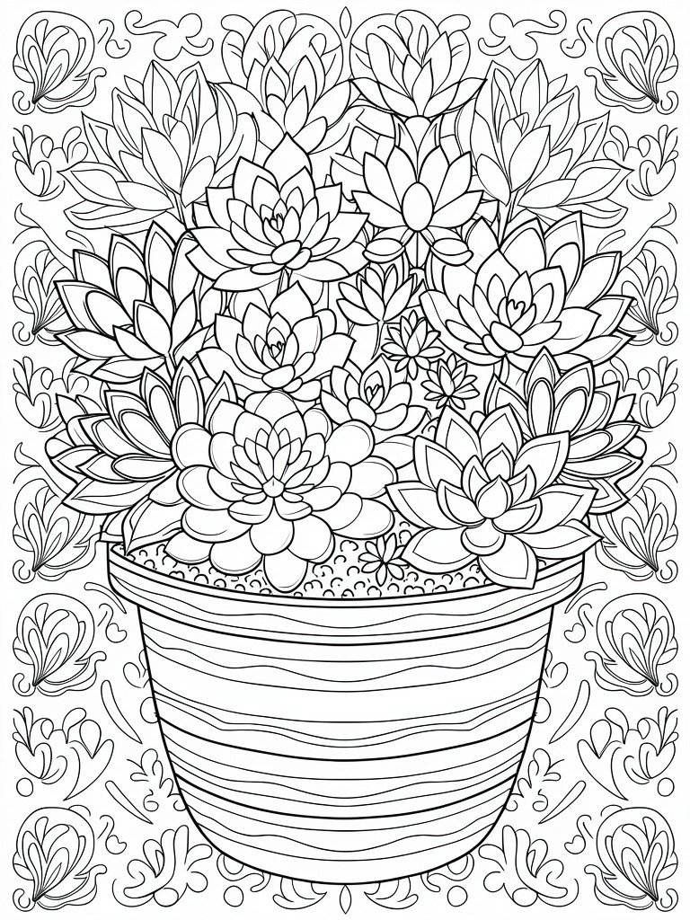 Black line art of a pot filled with detailed succulents surrounded by ornate floral borders.