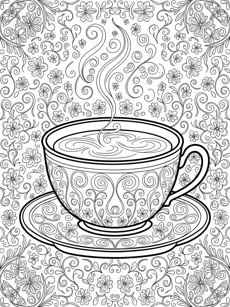 Line drawing of a teacup on saucer with rising steam, surrounded by intricate floral swirls and patterns.