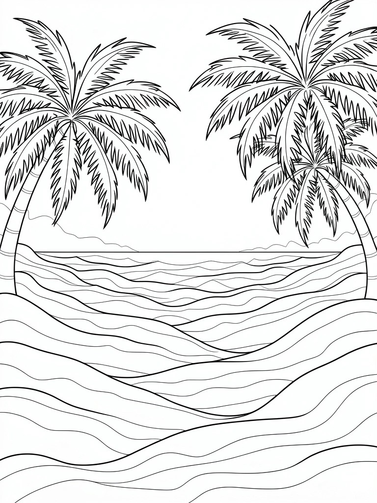 Line art coloring page of two leaning palm trees framing multiple layers of wavy ocean waves.