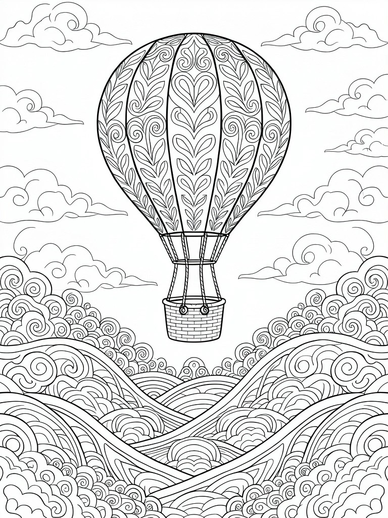 Line art coloring page featuring a detailed hot air balloon with swirling patterns floating above wavy hills amid clouds.