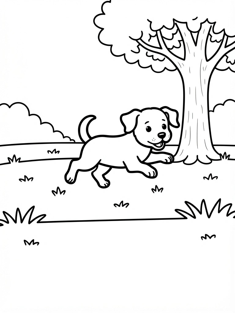 Black line drawing of a cute puppy running playfully toward a large tree in a grassy field with clouds and bushes.
