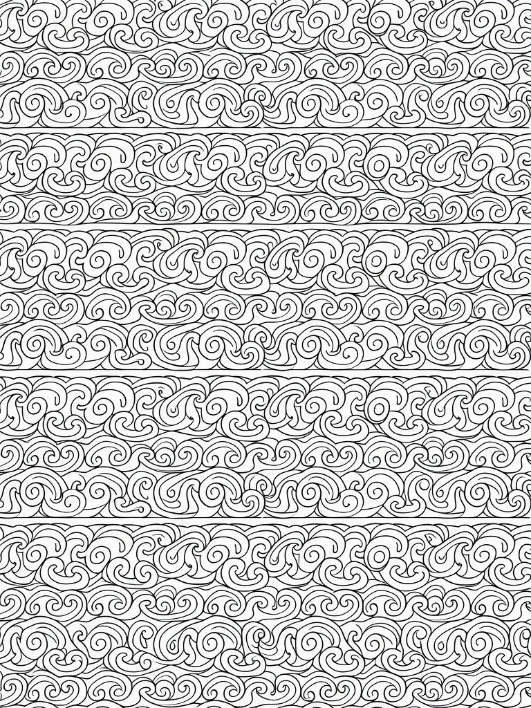 Black line art of stacked horizontal rows filled with repeating swirling wave and curl patterns.