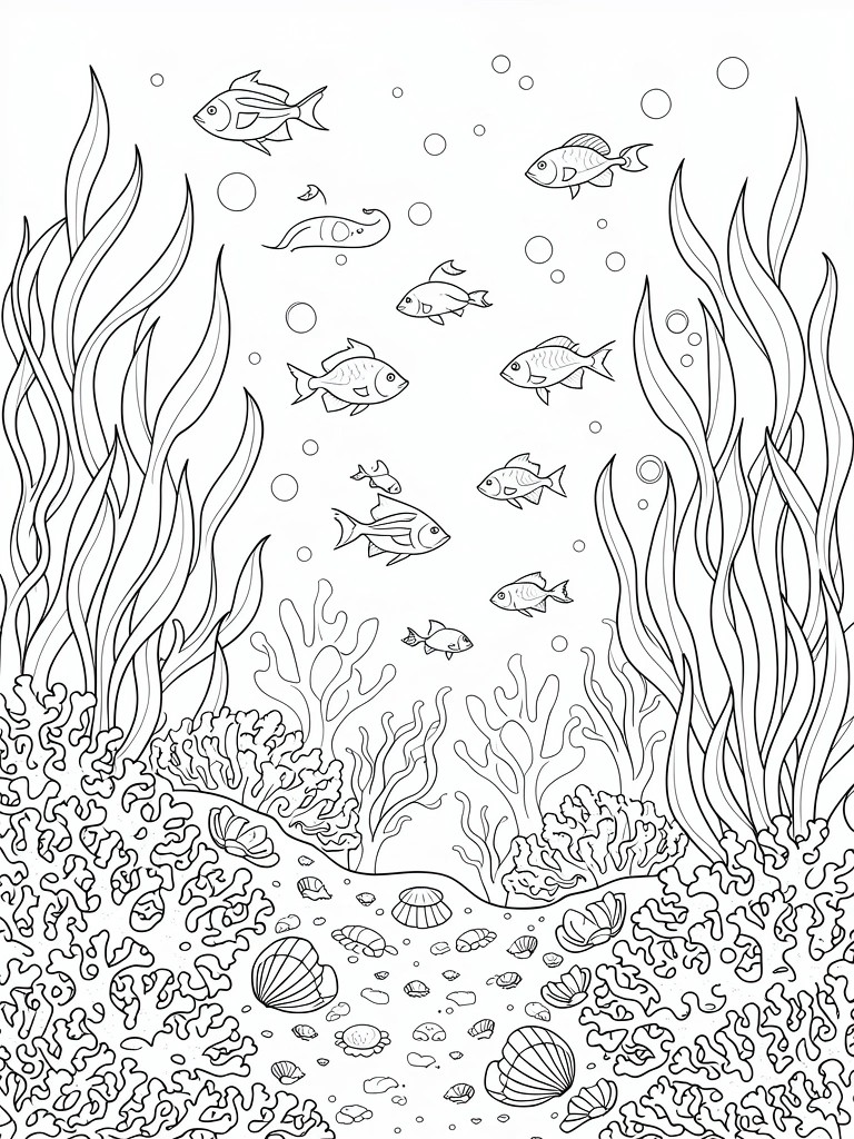 Line art coloring page of an underwater scene featuring tall seaweed, swimming fish, coral, shells, and bubbles.