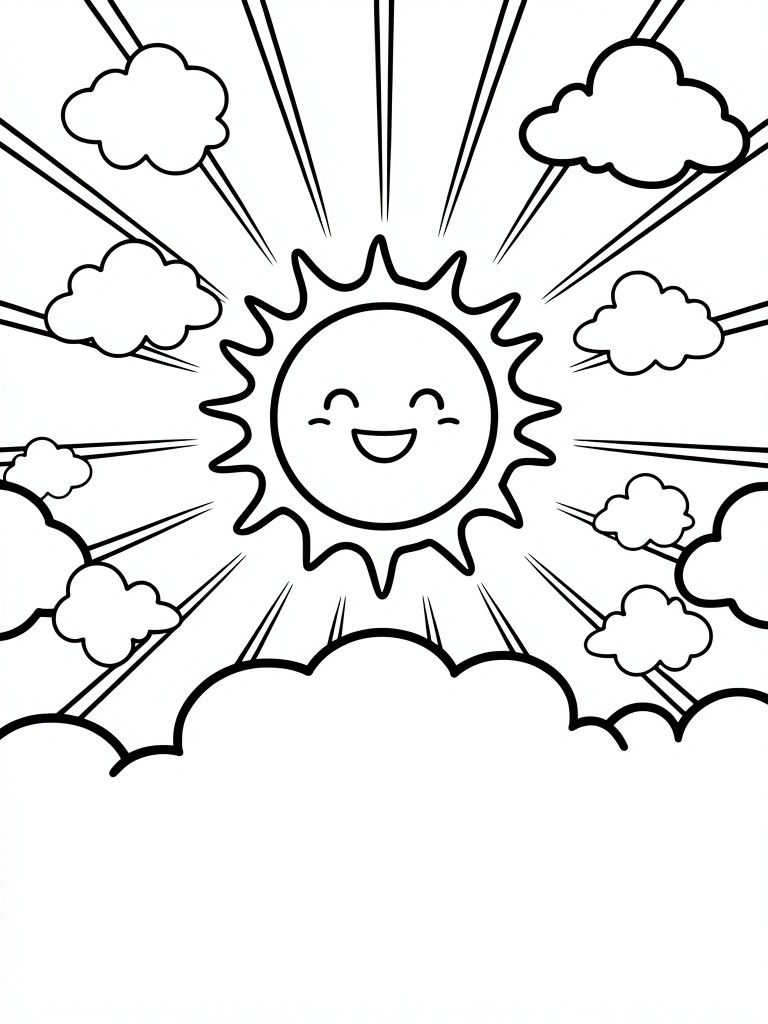 Black outline coloring page featuring a happy-faced sun with beaming rays and surrounding fluffy clouds.