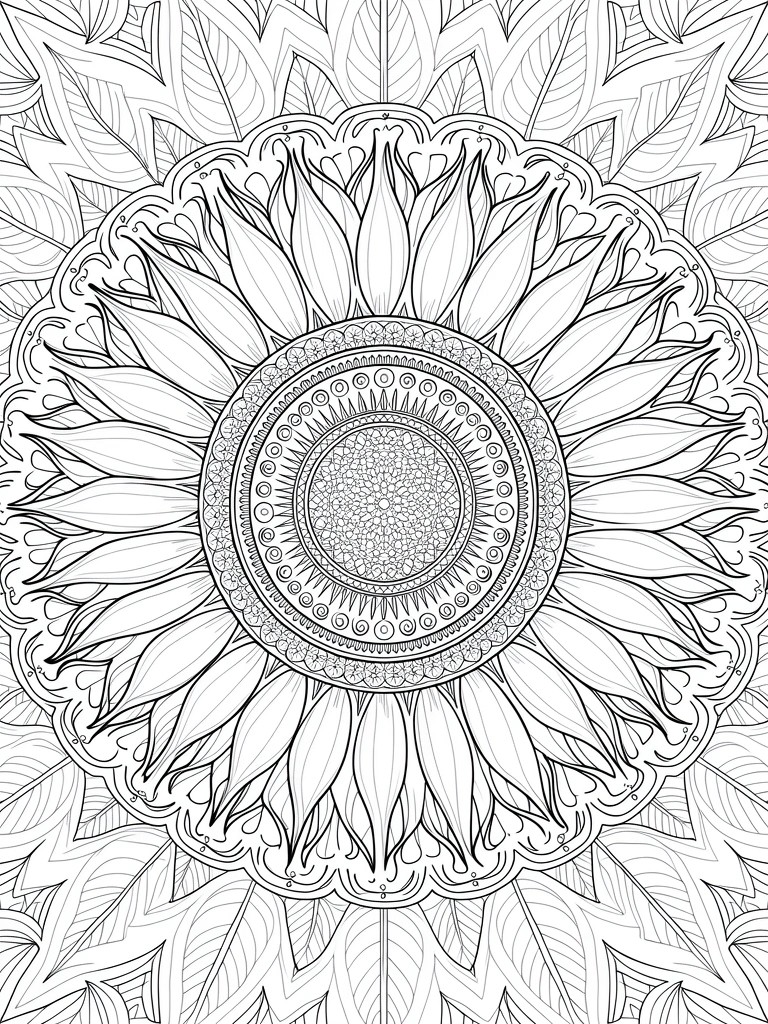 Detailed line art mandala with a central sunflower surrounded by petals, leaves, and intricate circular patterns.