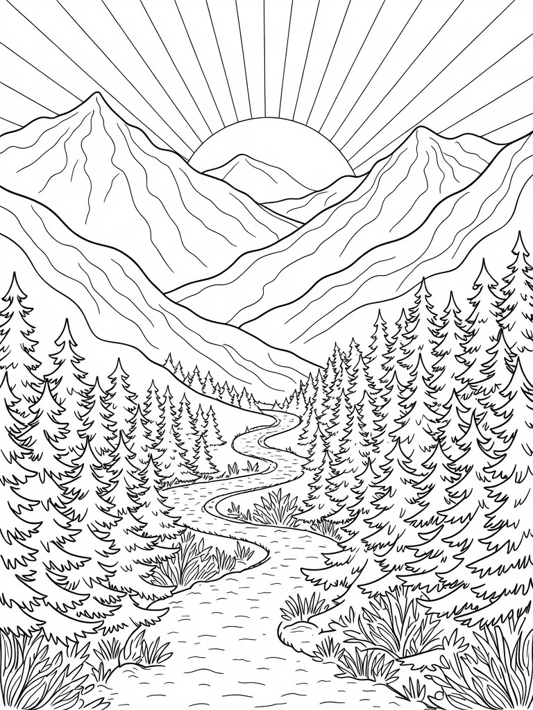 Line art coloring page of a sun with rays rising behind mountains, a winding river through pine trees in the valley.