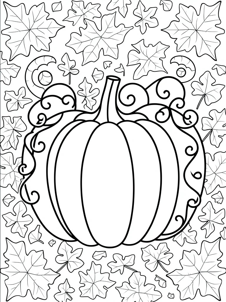 Black line drawing of a central pumpkin with swirling vines and surrounding maple leaves.