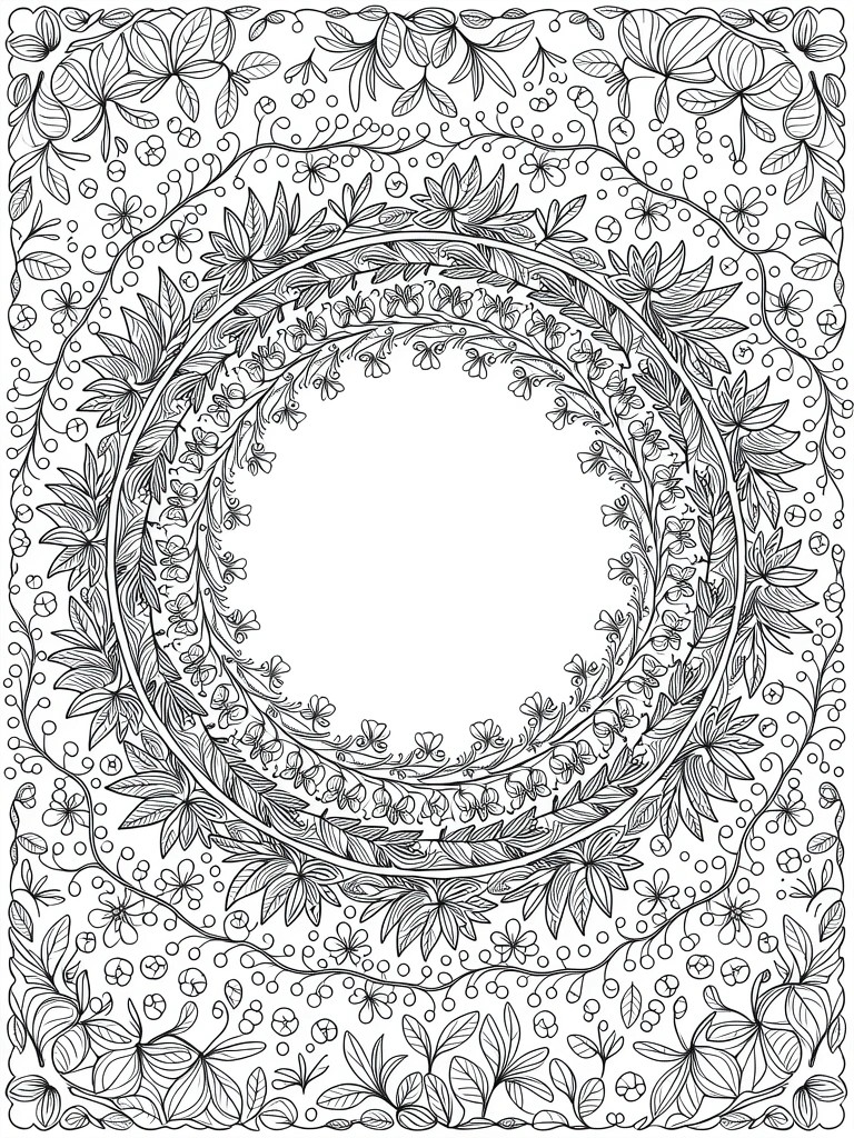 Black line art of a circular wreath with intricate floral, leaf, and vine patterns around a large empty center.