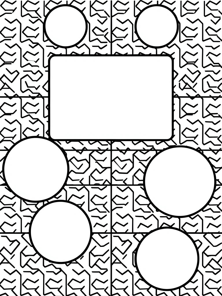 Black line art of a family tree with central rectangle, connected circles, and zigzag border patterns.