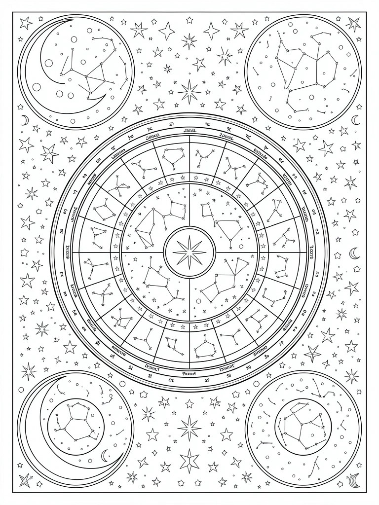 Line art coloring page featuring a central zodiac wheel with 12 signs, surrounded by stars, constellations, and moons.