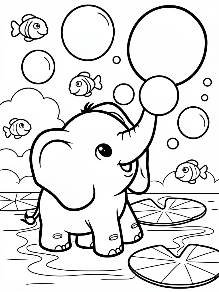 Line art of a baby elephant blowing bubbles in a pond with fish, lily pads, and clouds.