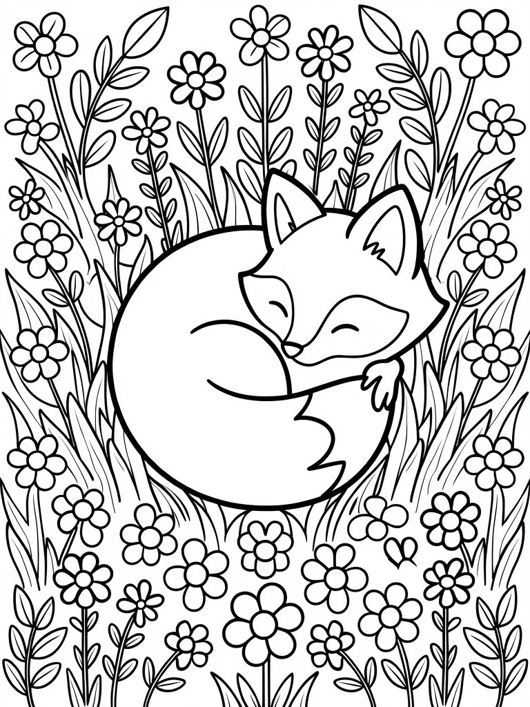 Black outline drawing of a fox curled asleep amid surrounding flowers, stems, and leaves.