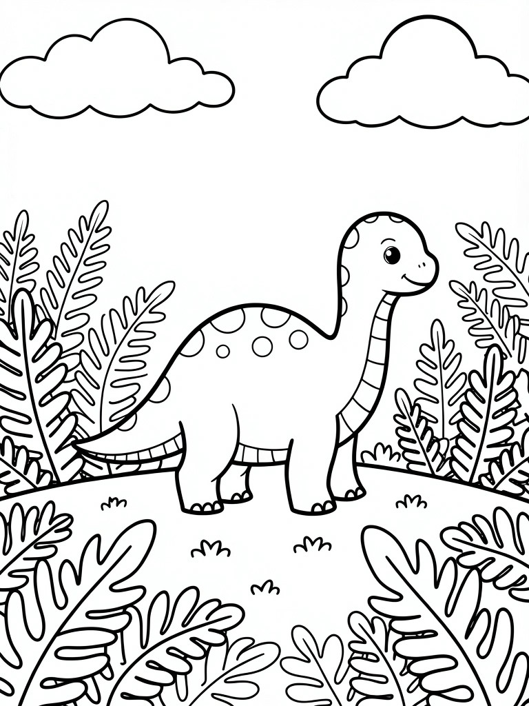 Line drawing of a cartoon Brachiosaurus with spots and big eyes standing amid ferns on a mound under two clouds.