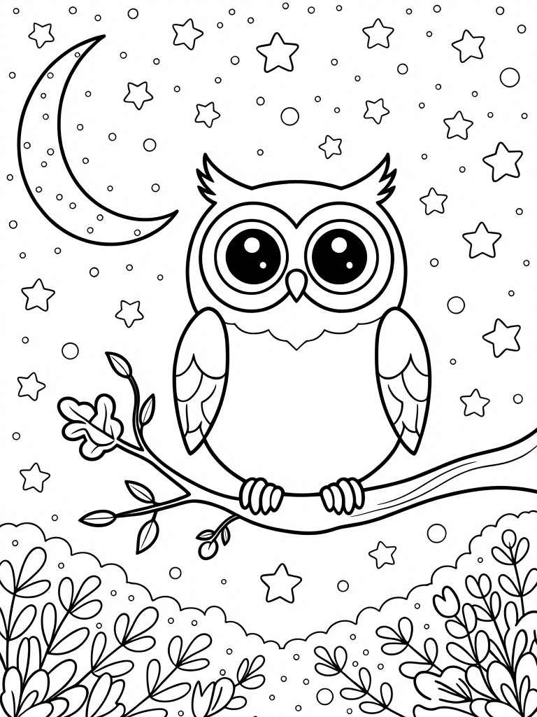 Black and white coloring page of a cute owl with big eyes perched on a branch, surrounded by stars, a crescent moon, and leaves.