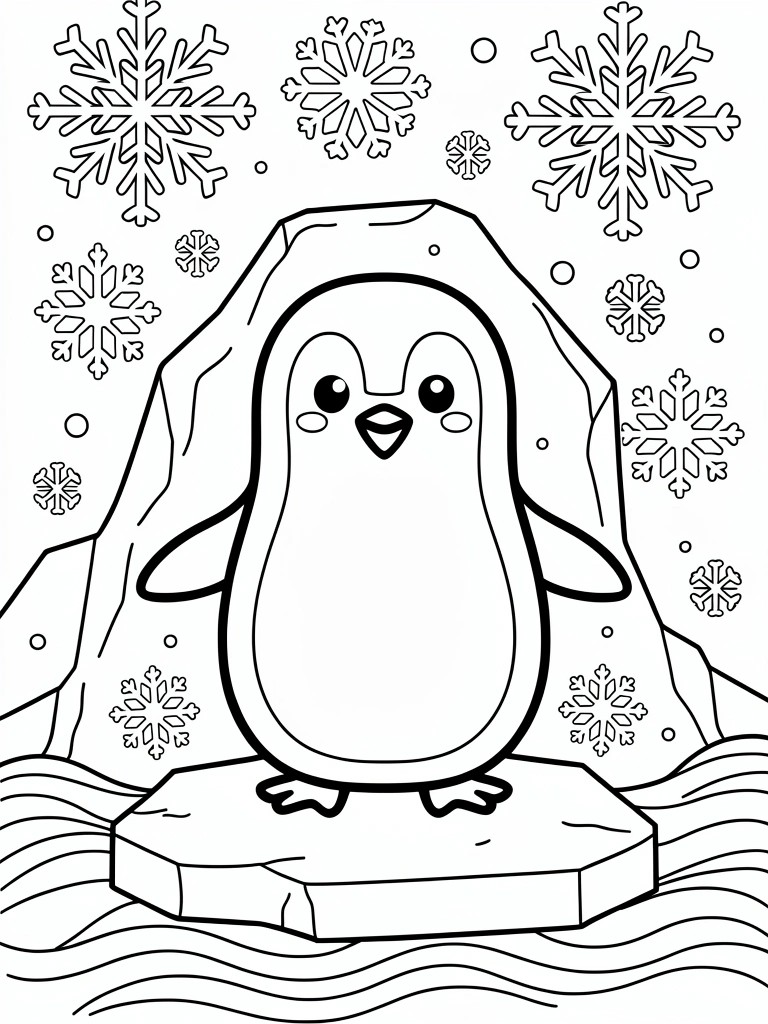 Black line drawing of a cute cartoon penguin on an ice platform with surrounding snowflakes, jagged ice, and waves.