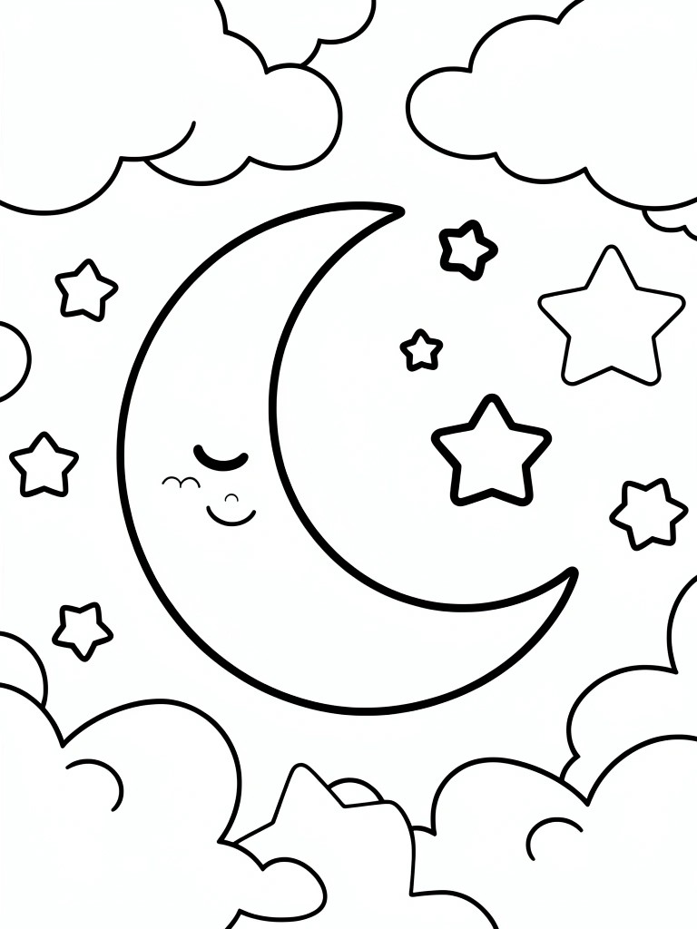 Black outline coloring page of a crescent moon with sleepy face, surrounded by stars and clouds.