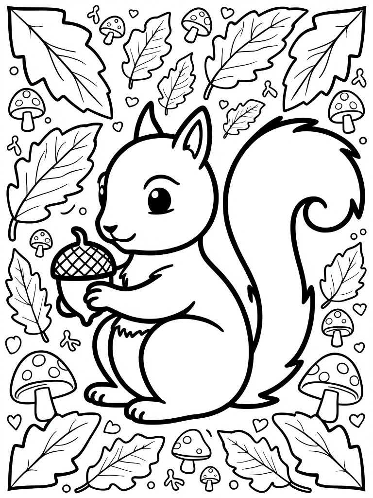 Black outline coloring page of a cartoon squirrel holding an acorn amid leaves and mushrooms with a decorative border.