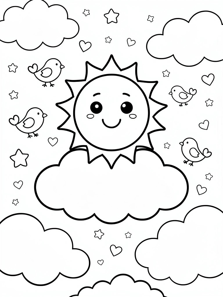 Black outline coloring page of smiling sun face on cloud, surrounded by clouds, stars, hearts, and birds.
