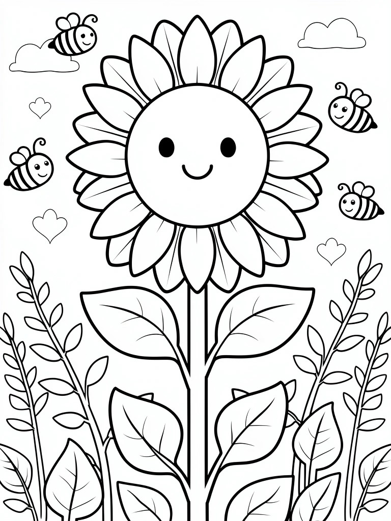 Black outline coloring page of a smiling sunflower on a stem with leaves, surrounded by bees, hearts, and clouds.