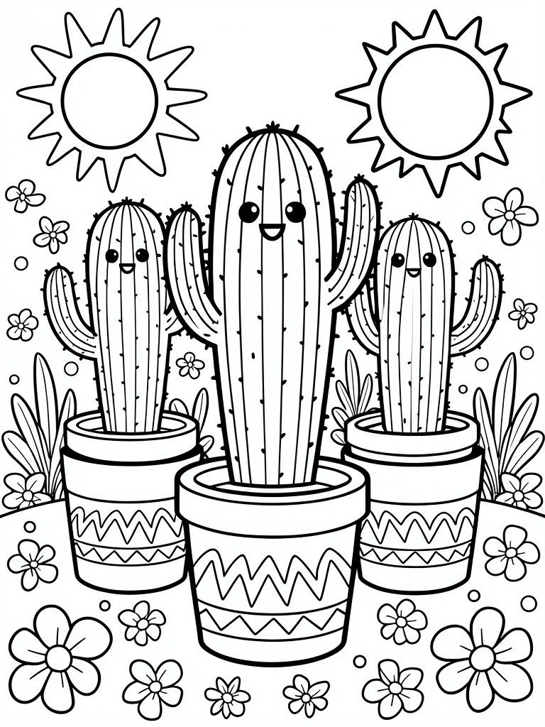 Line art of three smiling cacti in patterned pots with suns, flowers, and leaves.