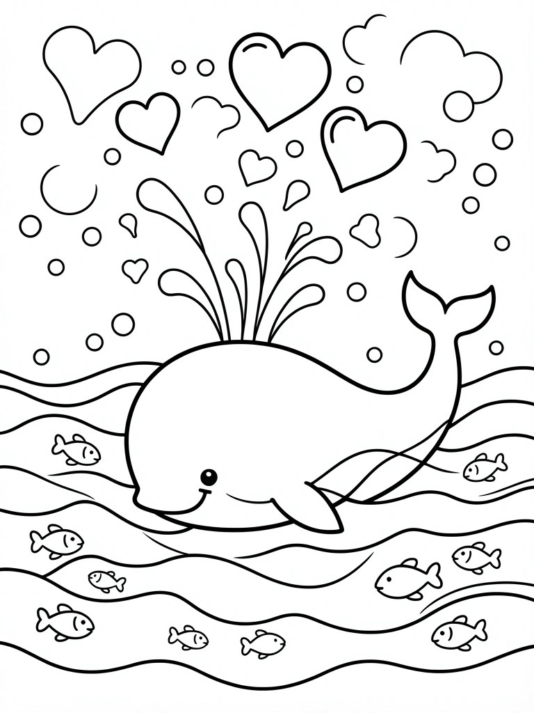 Line drawing of a smiling whale spouting hearts and bubbles above waves with fish.