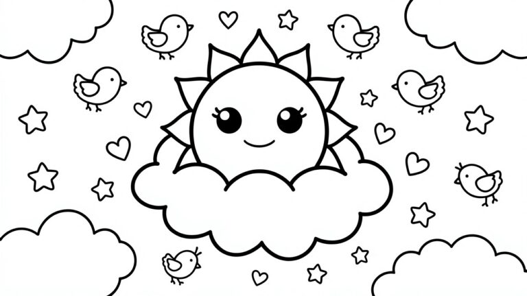 Black outline coloring page of smiling sun face on cloud, surrounded by clouds, stars, hearts, and birds.